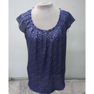 LC Lauren Conrad Women Top Lg Navy Blue Gold Celestial Dots Sleeve  Shirt Blouse